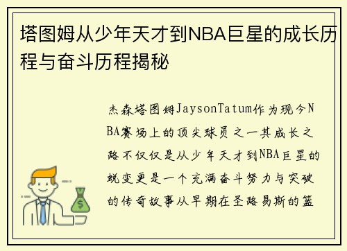 塔图姆从少年天才到NBA巨星的成长历程与奋斗历程揭秘