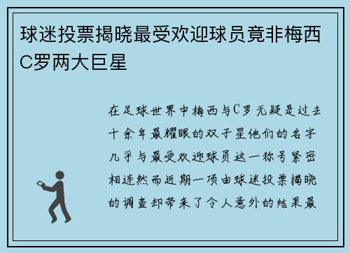 球迷投票揭晓最受欢迎球员竟非梅西C罗两大巨星